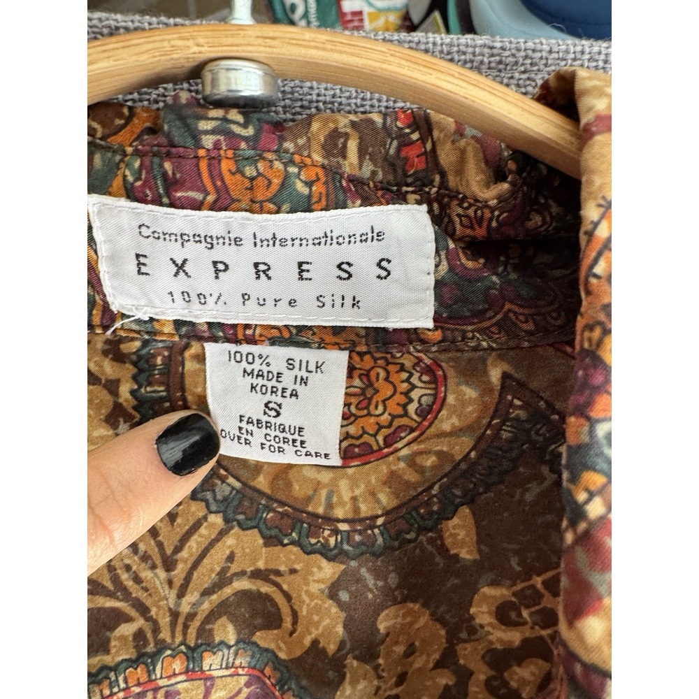 Vtg Compagnie Int Express Silk Top Small Brown Paisley Button Up Tunic‎ Blouse - Picture 2 of 7